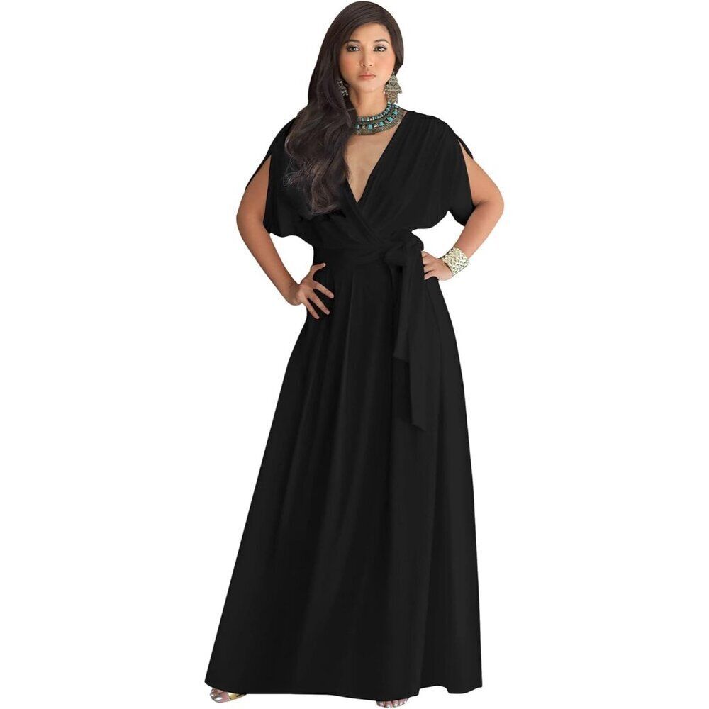 Plus Size Black V-Neck Maxi Dress Stylish Elegant Formal Evening